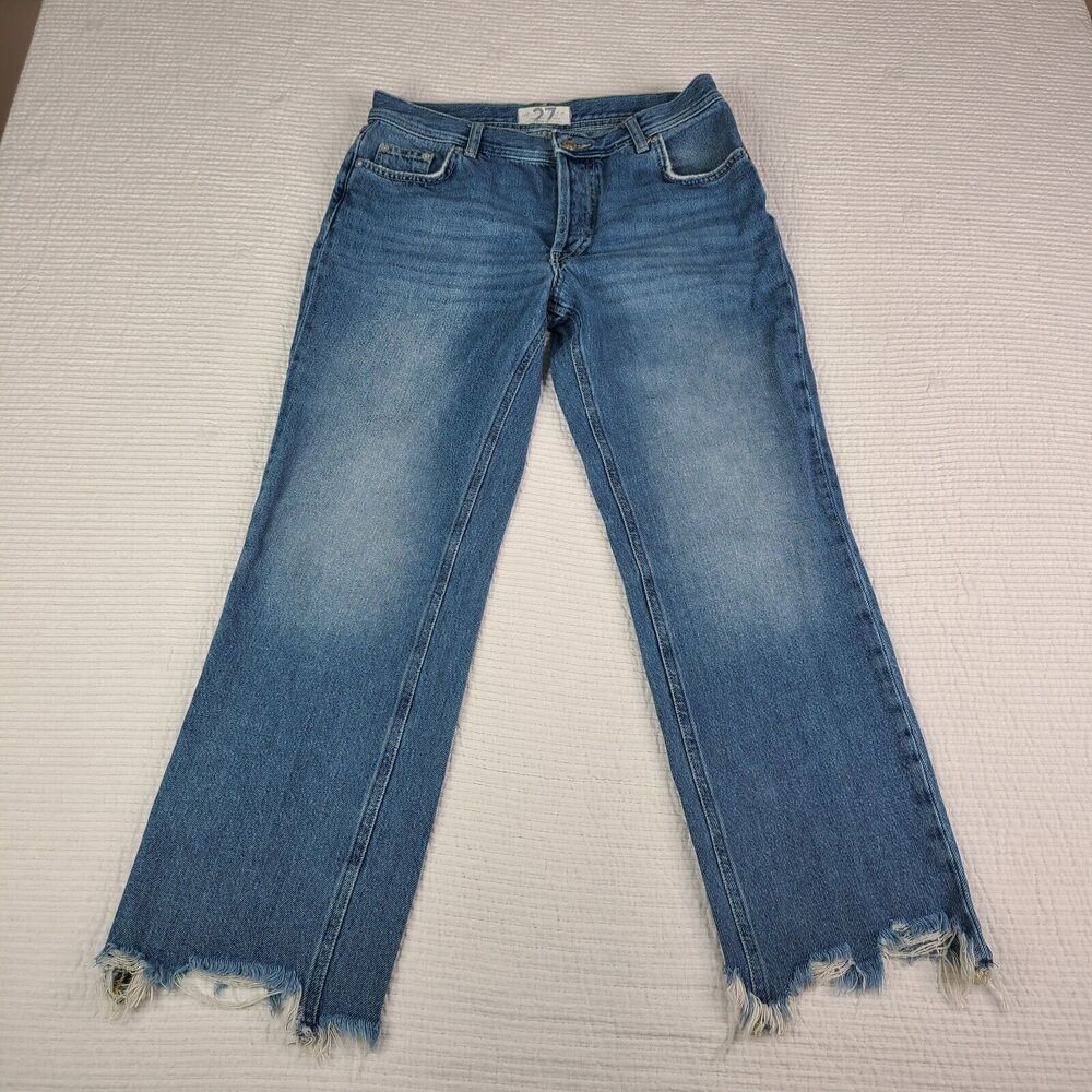 We The Free Maggie Mid Rise Straight Blue Women's Size 27 Button Fly Chewed Hem